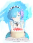  1girl blue_background blue_eyes blue_hair cake closed_mouth commentary_request food hair_over_one_eye hair_ribbon highres jyunhh looking_at_viewer re:zero_kara_hajimeru_isekai_seikatsu rem_(re:zero) ribbon smile solo 