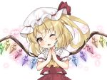  1girl ascot bare_arms blonde_hair blush chibi child collared_shirt commentary_request crystal eyebrows_visible_through_hair fang flandre_scarlet frilled_shirt_collar frills hands_up hat headwear heart highres juugou_taki looking_at_viewer mob_cap one_eye_closed open_mouth puffy_short_sleeves puffy_sleeves red_eyes red_shirt red_skirt shirt short_hair short_sleeves side_ponytail simple_background skirt solo symbol_commentary touhou upper_body white_background wings 