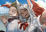  1boy 1girl :d alternate_costume animal_ears artist_name bird_wings boku_no_hero_academia casual collared_shirt commentary dark_skin day earrings english_commentary eyebrows facial_hair forked_eyebrows half-closed_eyes hand_up hawks_(boku_no_hero_academia) head_tilt headphones headphones_around_neck jewelry kadeart light_brown_hair long_hair looking_at_viewer mirko open_mouth outdoors outstretched_arm rabbit_ears red_eyes red_wings school_uniform self_shot shirt short_hair silver_hair smile symbol_commentary upper_body white_shirt wings yellow_eyes 