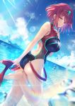  1girl beach black_swimsuit breasts closed_mouth clouds cowboy_shot earrings feet high_heels highres hinot pyra_(xenoblade) jewelry large_breasts ocean red_shorts redhead short_hair shorts sky smile solo standing standing_on_one_leg sunlight swimsuit xenoblade_(series) xenoblade_2 