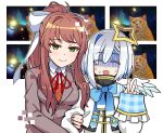  2girls amane_kanata brown_hair commentary_request doki_doki_literature_club hair_ornament hair_ribbon hololive long_hair looking_at_viewer monika_(doki_doki_literature_club) multiple_girls open_mouth ribbon shaded_face short_hair space_cat_(meme) v virtual_youtuber 