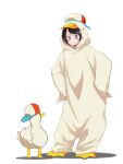  1girl absurdres animal bandages baseball_cap bird brown_hair closed_mouth duck full_body green_eyes hands_on_hips hat highres hololive onesie oozora_subaru sariel_(quinlobchris) shadow short_hair simple_background solo standing subaru_duck virtual_youtuber white_background 