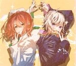  2girls back-to-back black_nails double_v flower_(vocaloid) hands_up highres jacket karanagare_4 light_brown_hair looking_at_viewer multicolored_hair multiple_girls nail_polish open_mouth orange_eyes original purple_jacket short_hair smile sparkle streaked_hair upper_body v v_flower_(vocaloid4) violet_eyes vocaloid white_hair white_jacket yellow_background 