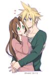  1boy 1girl 2016 aerith_gainsborough blonde_hair blue_eyes blush brown_hair cardigan closed_mouth cloud_strife couple cropped_torso dated earrings final_fantasy final_fantasy_vii green_cardigan green_eyes hair_intakes heart hetero hug jewelry krudears long_hair long_sleeves looking_at_another pink_sweater shadow simple_background sleeves_past_wrists spiky_hair sweater twitter_username upper_body very_long_hair white_background 