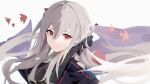  1girl arknights bangs blurry blurry_foreground close-up gloves hair_between_eyes hand_in_hair highres long_hair long_sleeves looking_at_viewer red_eyes signature silver_hair skadi_(arknights) smile solo whale white_background ximubingo 