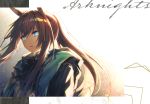  1girl absurdres amiya_(arknights) animal_ears arknights ascot backlighting black_jacket blue_eyes brown_hair copyright_name crying crying_with_eyes_open cursive highres hood hood_down hooded_jacket jacket looking_away parted_lips ponytail rabbit_ears scan sidelocks solo tears toosaka_asagi upper_body 