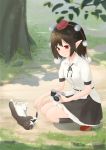  1girl belt black_legwear black_neckwear black_ribbon black_skirt blurry_foreground brown_hair camera cat commentary day grass hat highres holding holding_camera holding_leaf kanpa_(campagne_9) kneehighs leaf looking_down outdoors parted_lips petticoat pointy_ears pom_pom_(clothes) red_eyes red_footwear red_headwear ribbon rock shameimaru_aya shirt short_hair short_sleeves skirt sleeve_cuffs smile solo squatting tokin_hat touhou tree untucked_shirt white_shirt 