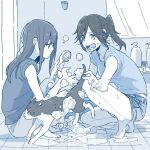  2girls barefoot bathroom black_hair blue_eyes blue_hair cat foam hibike!_euphonium holding_shower_head kasaki_nozomi long_hair monochrome multiple_girls open_mouth ree_(re-19) shirt short_ponytail short_sleeves shorts sitting squatting yoroizuka_mizore 