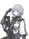  1girl absurdres baggy_pants black_gloves elbow_gloves girls_frontline gloves grey_eyes grey_hair hand_in_hair hand_up highres looking_at_viewer military military_jacket military_operator military_uniform pants rpk-16 rpk-16_(girls_frontline) rynn_(user_rkgs8583) short_hair silver_hair solo uniform weapon white_background 