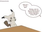  1panel alternate_color commentary creature english_commentary gen_7_pokemon mimikyu no_humans pokemon pokemon_(creature) rainyazurehoodie shiny_pokemon simple_background solo table white_background 