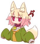  1girl animal_ear_fluff animal_ears bangs bell bell_collar blonde_hair blush brown_collar collar commentary_request cropped_torso eyebrows_visible_through_hair fox_ears fox_girl fox_tail green_shirt hair_bun hair_ornament hands_up jingle_bell kemomimi-chan_(naga_u) long_hair long_sleeves looking_at_viewer naga_u orange_neckwear original red_eyes shirt sidelocks simple_background sleeves_past_fingers sleeves_past_wrists solo tail tail_raised upper_body white_background 