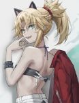  1girl animal_ears back bandeau bangs bare_shoulders blonde_hair braid breasts cat_ears fate/apocrypha fate_(series) french_braid green_eyes hair_ornament hair_scrunchie highres jewelry licking_lips long_hair looking_at_viewer looking_back mordred_(fate) mordred_(fate)_(all) necklace open_mouth ponytail red_scrunchie scrunchie sidelocks simple_background small_breasts smile solo tonee tongue tongue_out 