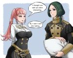  1boy 1girl absurdres arms_behind_back bangs blue_eyes english_text eye_contact fire_emblem fire_emblem:_three_houses garreg_mach_monastery_uniform gold_trim green_hair grey_background hair_ribbon highres hilda_valentine_goneril holding holding_pillow kalesklok linhardt_von_hevring long_hair looking_at_another pillow pink_eyes pink_hair ponytail ribbon simple_background speech_bubble standing sweatdrop twintails twitter_username white_ribbon 