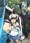  2girls african_wild_dog_(kemono_friends) african_wild_dog_print animal_ears bird_tail bird_wings black_hair black_neckwear blonde_hair bow bowtie brown_eyes collared_shirt commentary_request crossed_arms denim denim_shorts dog_ears dog_tail elbow_gloves eyebrows_visible_through_hair gloves grey_gloves grey_hair grey_legwear grey_neckwear grey_shirt grey_shorts ground_vehicle hair_tie head_wings kemono_friends kemono_friends_3 long_sleeves motor_vehicle multicolored_hair multiple_girls necktie official_art pantyhose print_legwear print_sleeves saltlaver shirt shoebill_(kemono_friends) short_hair short_shorts short_sleeves shorts tail tree uniform van walkie-talkie white_shirt wings 