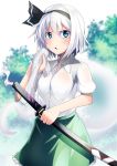  1girl arm_up ashiroku_(miracle_hinacle) blue_eyes blurry blurry_background bob_cut commentary cowboy_shot day green_skirt hair_between_eyes hair_ribbon highres holding holding_sword holding_towel holding_weapon konpaku_youmu konpaku_youmu_(ghost) looking_at_viewer no_vest open_mouth outdoors ribbon scabbard sheath sheathed shirt short_hair short_sleeves silver_hair skirt solo standing sweat sword touhou towel tree weapon wet wet_clothes wet_shirt white_sky 