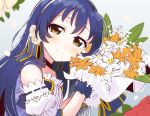  1girl bangs blue_hair blush bouquet commentary_request detached_sleeves flower hair_between_eyes hair_flower hair_ornament holding holding_bouquet long_hair looking_at_viewer love_live! love_live!_school_idol_project simple_background smile solo sonoda_umi totoki86 white_flower yellow_eyes 