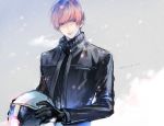  1boy bangs black_gloves black_jacket blunt_bangs breath gloves grey_background headwear_removed helmet helmet_removed jacket long_sleeves looking_away lupicam motorcycle_helmet narasaka_touru pink_hair snowing solo turtleneck upper_body world_trigger 