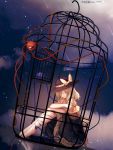  1girl adapted_costume artist_name bare_shoulders barefoot birdcage black_headwear blonde_hair blouse cage closed_eyes clouds dated dutch_angle from_side furahata_gen green_skirt hat hat_ribbon highres in_cage knees_to_chest koishi_day komeiji_koishi leg_hug leg_ribbon light_smile medium_hair night night_sky off-shoulder_shirt off_shoulder petticoat reflection ribbon shirt shooting_star single_tear skirt sky solo third_eye touhou yellow_blouse 