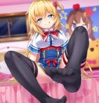  1girl :p akai_haato bed black_legwear blue_eyes blurry blurry_background breasts hair_ornament highres hololive kasaran looking_at_viewer no_shoes panties pantyshot poster sitting solo thigh-highs tokino_sora tongue tongue_out underwear virtual_youtuber white_panties window 
