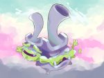 closed_eyes clouds cozroid fangs floating galarian_form galarian_weezing gen_8_pokemon pokemon solo sparkle 