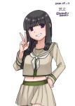  1girl bangs beige_sailor_collar beige_serafuku beige_skirt black_hair blunt_bangs bobokuboboku braid character_name commentary_request cowboy_shot grin hair_over_shoulder hair_ribbon hand_on_hip highres kantai_collection kitakami_(kantai_collection) long_hair midriff navel neckerchief pleated_skirt remodel_(kantai_collection) ribbon sailor_collar school_uniform serafuku sidelocks single_braid skirt smile solo tress_ribbon twitter_username v violet_eyes white_neckwear 