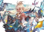  :d armor bangs bow brown_eyes dragon granblue_fantasy hair_between_eyes highres long_hair looking_at_viewer niii open_mouth shield smile sword weapon white_hair zooey_(granblue_fantasy) 