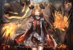  1girl 1other arknights asymmetrical_sleeves blonde_hair cape commentary_request demon demon_horns fire fireball highres horns ifrit_(arknights) kayjae24 long_hair older ore_lesion_(arknights) originium_arts_(arknights) shorts 