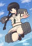  1girl adapted_turret bangs beige_sailor_collar beige_serafuku beige_skirt black_hair blue_sky blunt_bangs braid cannon clouds commentary_request full_body hair_over_shoulder highres jumping kantai_collection kitakami_(kantai_collection) long_hair looking_at_viewer midriff neckerchief panties pantyshot pleated_skirt remodel_(kantai_collection) sailor_collar school_uniform serafuku sidelocks simoyuki single_braid skirt sky solo sparkle torpedo_launcher turret underwear white_neckwear white_panties 
