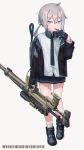  1girl adjusting_clothes adjusting_gloves bangs black_neckwear black_skirt blush bolt_action brown_jacket cheytac_m200 eyebrows_visible_through_hair full_body girls_frontline gloves gun headphones headphones_around_neck highres holding holding_gun holding_weapon jacket kuro_kosyou long_hair long_sleeves m200_(girls_frontline) necktie open_clothes open_jacket pleated_skirt pocket ponytail rifle shirt shoes silver_hair simple_background skirt sneakers sniper_rifle solo standing violet_eyes weapon white_shirt 