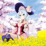  1girl aqua_eyes atelier_(series) blue_hair blush breasts cherry_blossoms closed_mouth commentary_request day detached_collar eyebrows_visible_through_hair field flower flower_field hair_between_eyes hat highres medium_breasts minidraco nelke_to_densetsu_no_renkinjutsushi_tachi nelke_von_luchetam outdoors petals shirt sitting skirt smile solo thigh-highs tree 