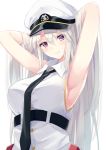  1girl armpits arms_behind_head azur_lane bangs belt black_belt breasts enterprise_(azur_lane) hands_in_hair hands_up hat head_tilt highres igayan large_breasts long_hair looking_at_viewer necktie revision shirt sidelocks sleeveless upper_body violet_eyes white_hair white_shirt 