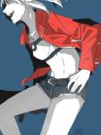  1girl abs bandeau belt blue_background clarent dated denim denim_shorts fate/grand_order fate_(series) from_side grey_hair hand_on_hip head_out_of_frame highres jacket jewelry limited_palette midriff mordred_(fate) mordred_(fate)_(all) necklace partially_colored red_jacket shorts signature sketch smile solo worthlessvalor 