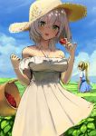  2girls athenawyrm bare_shoulders basket blonde_hair dress food fruit green_eyes hat highres holding holding_food holding_fruit multiple_girls original pointy_ears ponytail red_eyes short_hair solo_focus strawberry sun_hat sundress tied_hair white_hair 