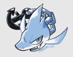  anchor beta_pokemon blue_theme commentary english_commentary fangs full_body ikari_(pokemon) mike_luckas monochrome no_humans pokemon pokemon_(game) pokemon_gsc pokemon_gsc_beta prototype shark signature simple_background solo white_background 