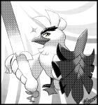  bird bird_focus commentary creature english_commentary full_body gen_8_pokemon gooompy halftone holding holding_sword holding_weapon looking_at_viewer no_humans partially_colored pokemon pokemon_(creature) polka_dot signature simple_background sirfetch&#039;d solo sword weapon white_background yellow_eyes 