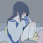  1girl bare_legs blue_hair closed_eyes hibike!_euphonium jacket letterman_jacket long_hair on_bed pillow ree_(re-19) shirt sitting sitting_on_bed smelling solo tagme thighs yoroizuka_mizore 