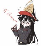  &gt;_&lt; 1girl bangs belt black_hair black_headwear black_jacket blush breasts buttons closed_eyes eyewear_removed family_crest fate/grand_order fate_(series) glasses gloves hat jacket kodamari koha-ace long_hair oda_nobunaga_(fate) oda_nobunaga_(fate)_(all) oda_uri open_mouth peaked_cap red-framed_eyewear sidelocks simple_background small_breasts translation_request white_background white_gloves 