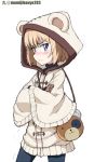  1girl artist_name bag bangs bear_hood black_pants blonde_hair blue_eyes blush boko_(girls_und_panzer) carrying closed_mouth coat commentary cowboy_shot crossed_arms eyebrows_visible_through_hair frown girls_und_panzer girls_und_panzer_senshadou_daisakusen! handbag hood hood_up hooded_coat katyusha_(girls_und_panzer) kayabakoro long_sleeves looking_at_viewer pants short_hair simple_background solo standing toggles twitter_username white_background white_coat wide_sleeves 