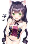  1girl animal_ear_fluff animal_ears bare_arms bare_shoulders black_hair black_panties breasts cat_ears cowboy_shot fang gold_trim green_eyes groin hand_up hinaki_(hinaki_0102) karyl_(princess_connect!) long_hair looking_at_viewer low_twintails medium_breasts multicolored_hair no_pants open_mouth panties princess_connect! princess_connect!_re:dive shirt simple_background sleeveless sleeveless_shirt solo streaked_hair thigh_gap thighs twintails underwear very_long_hair white_background 