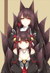  2girls akagi-chan_(azur_lane) akagi_(azur_lane) animal_ears azur_lane bangs bell black_kimono blunt_bangs brown_hair eyeliner eyeshadow fox fox_ears fox_girl fox_tail hair_bell hair_ornament highres japanese_clothes kimono kitsune long_hair makeup momijizuki_luna multiple_girls multiple_tails red_eyes red_eyeshadow sakuramon short_hair tail wide_sleeves younger 