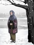  1girl dotera_(clothes) full_body geta grey_eyes hood japanese_clothes kimono nippori_honsha okosozukin original outdoors shoe_print snow solo tabi tree winter 