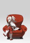  1girl boots cellphone couch crossed_legs grey_background grey_hair highres jacket lamian_(pixiv415608) looking_at_viewer nintendo_switch original phone ponytail red_legwear simple_background smartphone solo 
