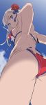  1girl ass_visible_through_thighs bikini blonde_hair blue_eyes blue_sky breasts clouds fate/grand_order fate_(series) from_as from_below hands_on_hips highres hyury large_breasts looking_at_viewer miyamoto_musashi_(fate/grand_order) miyamoto_musashi_(swimsuit_berserker)_(fate) no_pupils red_bikini sideboob sky solo swimsuit 