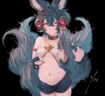  1girl absurdres animal_ears bangs bare_shoulders betabeet black_background black_shorts blue_hair blush breasts bridal_gauntlets closed_mouth collar erune fox_ears fox_girl fox_tail granblue_fantasy hair_between_eyes hair_ornament highres huge_filesize large_tail looking_at_viewer multiple_tails navel red_eyes short_hair short_shorts shorts simple_background small_breasts solo_focus tail you_(granblue_fantasy) 