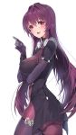 1girl absurdres arm_under_breasts ass bangs blush bodysuit breasts cowboy_shot damda eyebrows_visible_through_hair fate/grand_order fate_(series) from_side hair_between_eyes hair_intakes hand_up highres large_breasts long_hair looking_at_viewer open_mouth pauldrons purple_bodysuit purple_hair red_eyes scathach_(fate)_(all) scathach_(fate/grand_order) shoulder_armor sidelocks skin_tight skindentation smile solo thighs white_background 