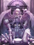 1girl absurdres angel_wings bishop_(chess) black_skirt board_game breasts chess chess_piece chessboard closed_mouth expressionless eyebrows_visible_through_hair highres holding holding_staff knight_(chess) long_hair looking_at_viewer medium_breasts original pleated_skirt pointy_ears purple_hair rook_(chess) seemu_(wnslqjdignv_) skirt solo staff thigh-highs violet_eyes white_legwear wings 