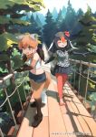  2girls animal_ears bare_shoulders blonde_hair bow bowtie brown_eyes brown_hair closed_eyes copyright cropped_shirt cutoffs day elbow_gloves eyebrows_visible_through_hair flower forest gloves grey_hair hair_between_eyes hair_flower hair_ornament hanging_bridge kemono_friends leggings legwear_under_shorts light_brown_hair long_hair maned_wolf_(kemono_friends) midriff multicolored_hair multiple_girls nature navel official_art okinawa_rail_(kemono_friends) open_mouth outdoors pantyhose redhead rope_bridge saltlaver sandals scared shirt shoes short_shorts short_sleeves shorts skirt sleeveless sleeveless_shirt smile standing stomach tail tearing_up tree twintails vest walking white_hair wolf_ears wolf_tail wooden_bridge 