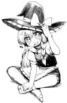  1girl apron bangs blush bow braid commentary_request dokan_(dkn) frilled_apron frills full_body greyscale hair_bow hand_on_headwear hat hat_bow highres indian_style kirisame_marisa long_hair looking_at_viewer monochrome notice_lines open_mouth puffy_short_sleeves puffy_sleeves shirt short_sleeves simple_background single_braid sitting skirt smile socks solo touhou v-shaped_eyebrows vest waist_apron witch_hat 