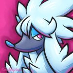  commentary creature dog dog_focus english_commentary furfrou furfrou_(normal) gen_6_pokemon looking_at_viewer nikipaprika no_humans pokemon pokemon_(creature) purple_background shadow signature simple_background solo violet_eyes 