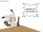  1panel alternate_color commentary creature english_commentary gen_7_pokemon gun holding holding_gun holding_weapon mimikyu no_humans pokemon pokemon_(creature) rainyazurehoodie shiny_pokemon simple_background solo table weapon white_background 